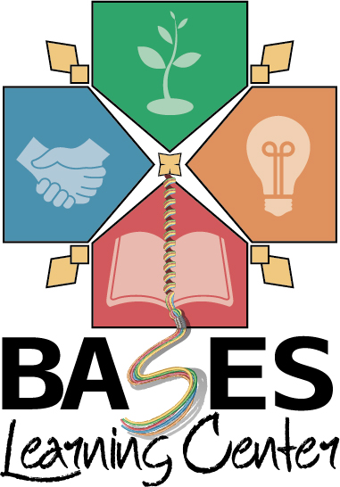 logo image for BASES Learning Center is four home bases pointing at each other with each having its own image.  The green base at the top has a seedling sprouting, the blue base on the left has hands shaking, the orange base at the right has a light bulb, and the red base at the bottom has an open book.  The book has a bookmark that becomes a tassel that becomes the "S" of the middle "S" in "BASES."