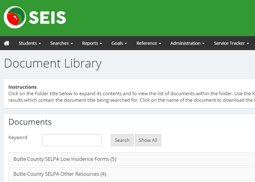 Image of screenshot of part of the SEIS document library page.