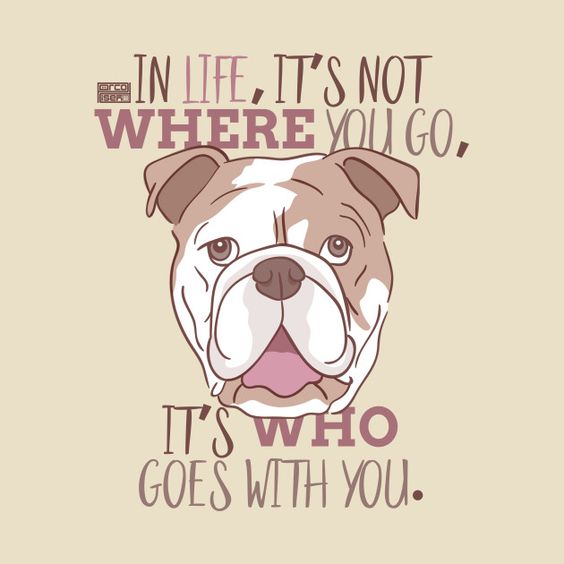 graphic art image of a bulldog, the school's mascot, with the saying "In life, it's not where you go, it's who goes with you."