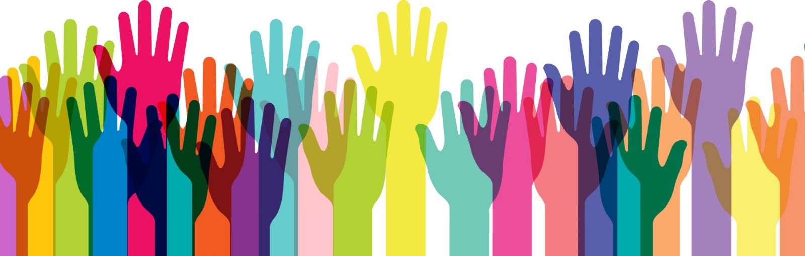 Graphic art image of different colored hands reaching to the sky.